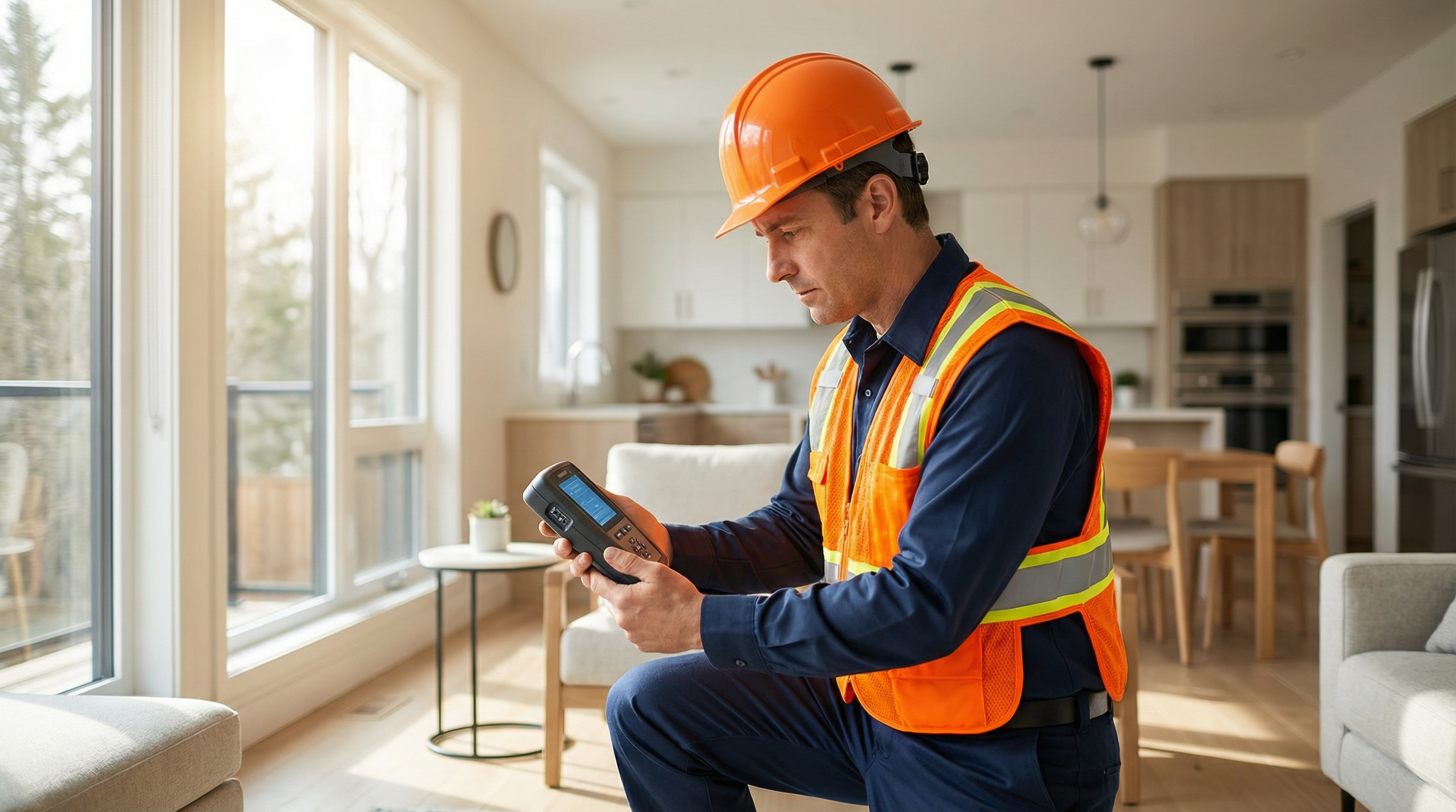 Professional environmental inspector conducting mold and asbestos testing in Michigan home